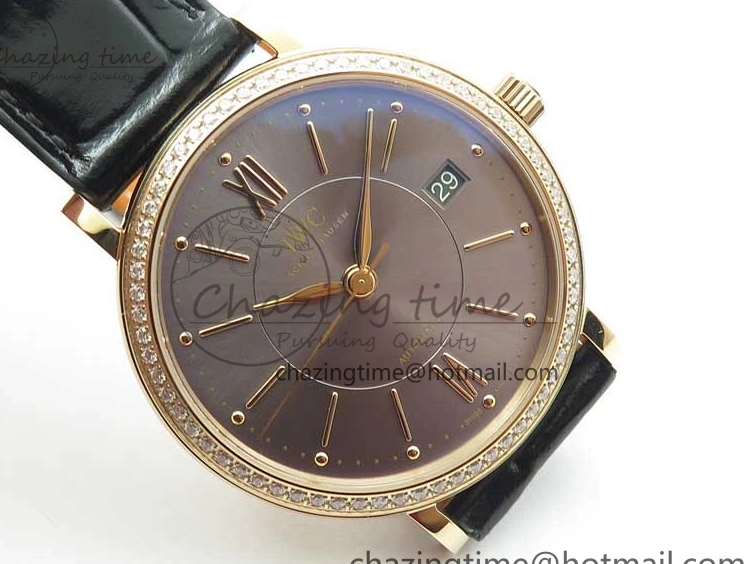 MIROTIME 1228 Durable Portofino 37mm RG V7F 1:1 Best Edition Gray Dial Diamonds Bezel on Black Leather Strap A 7089